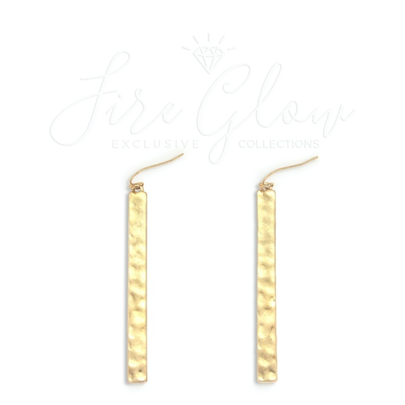 Gold Tone Long Bar Hammered Metal Hook Earrings - Picture 7 of 8